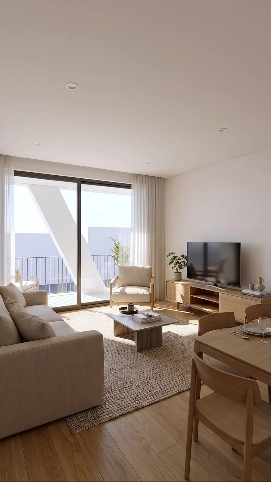 AI-generated apartment living room, blended into the video