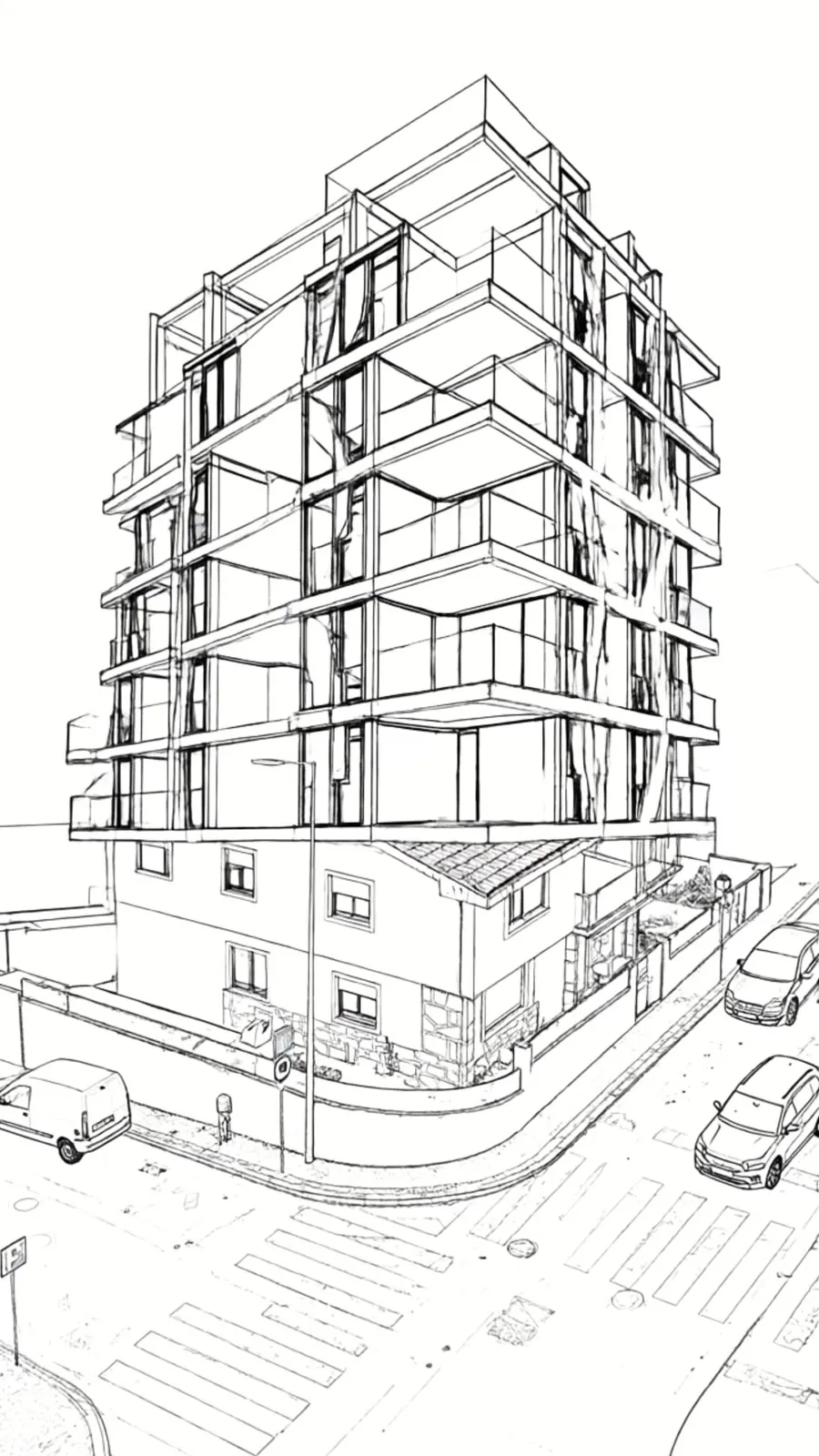 Line drawing of the building before transitioning into the real building